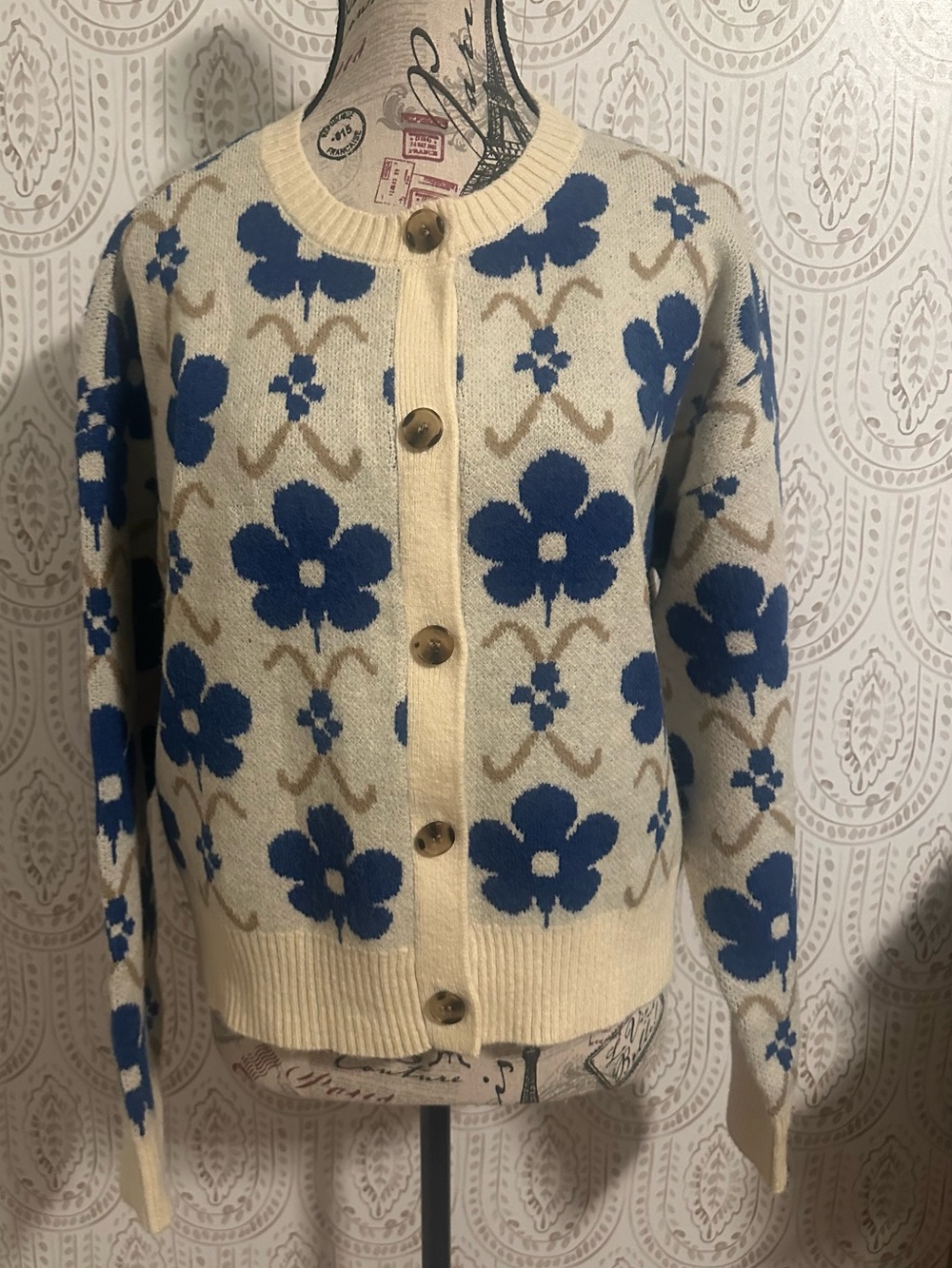 Cream Floral Button-Up Sweater Cardigan in Blue - Medium only wore once